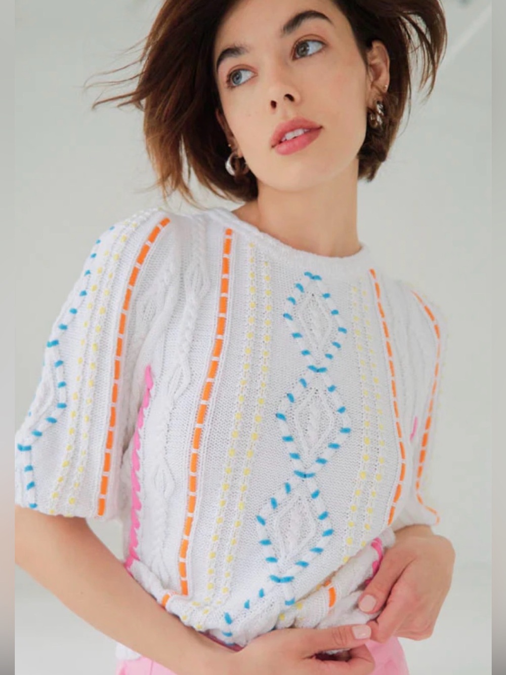 Autumn Cashmere White Cable Knit Crew with Multicolor Lacing